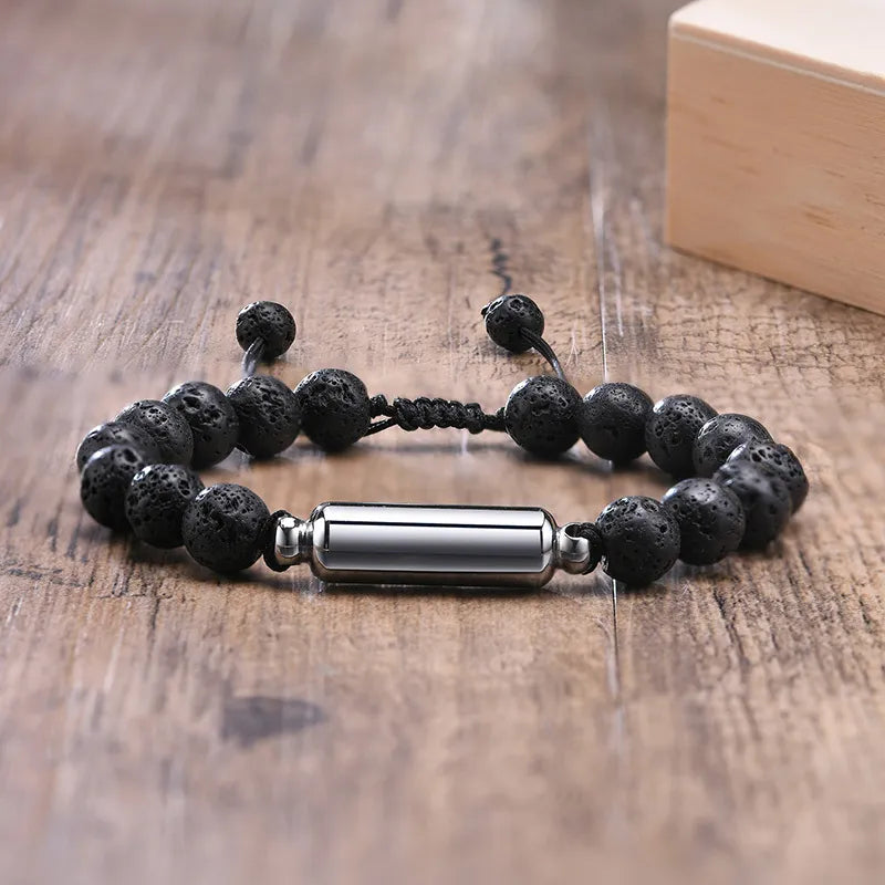 Men's Wristband with Lava Stone, Black Agate and Silver – Nialaya