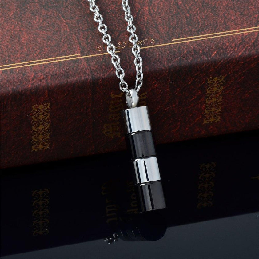 Silver & Black Cylinder Cremation - Ash Necklace - Cherished Emblems