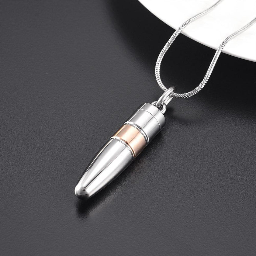 Silver Bullet Shaped - Cremation Urn Necklace - Cherished Emblems