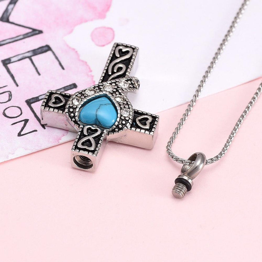 Silver Heart Cross With Turquoise Gem -Ash Necklace -Cherished Emblems